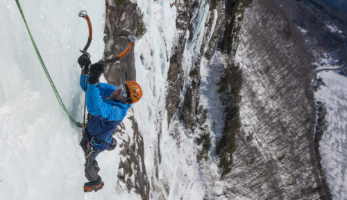 a photo of erik swinging his ice tools on the route whos who in new hampshire