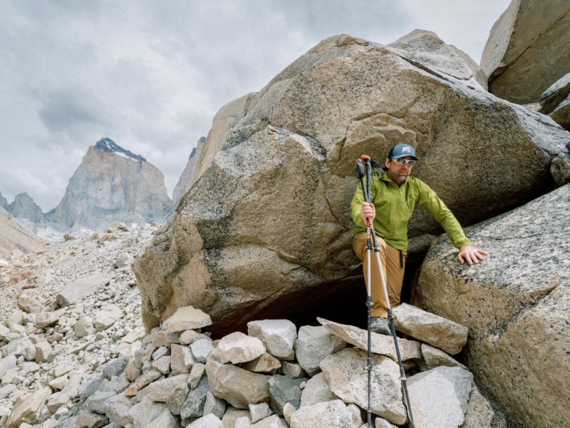 Erik Weihenmayer navigates a boulder field in the lower reaches of Torres del Paine, Patagonia, 2023.