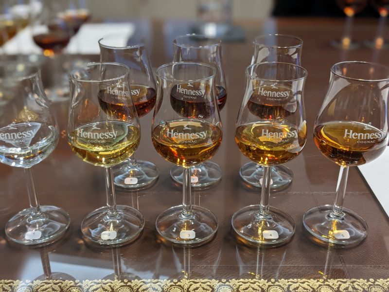 Glasses of Hennessy Cognac lined up for tasting. 