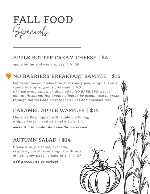 Humble House Menu - Fall Specials - Featuring the No Barriers Breakfast Sammie